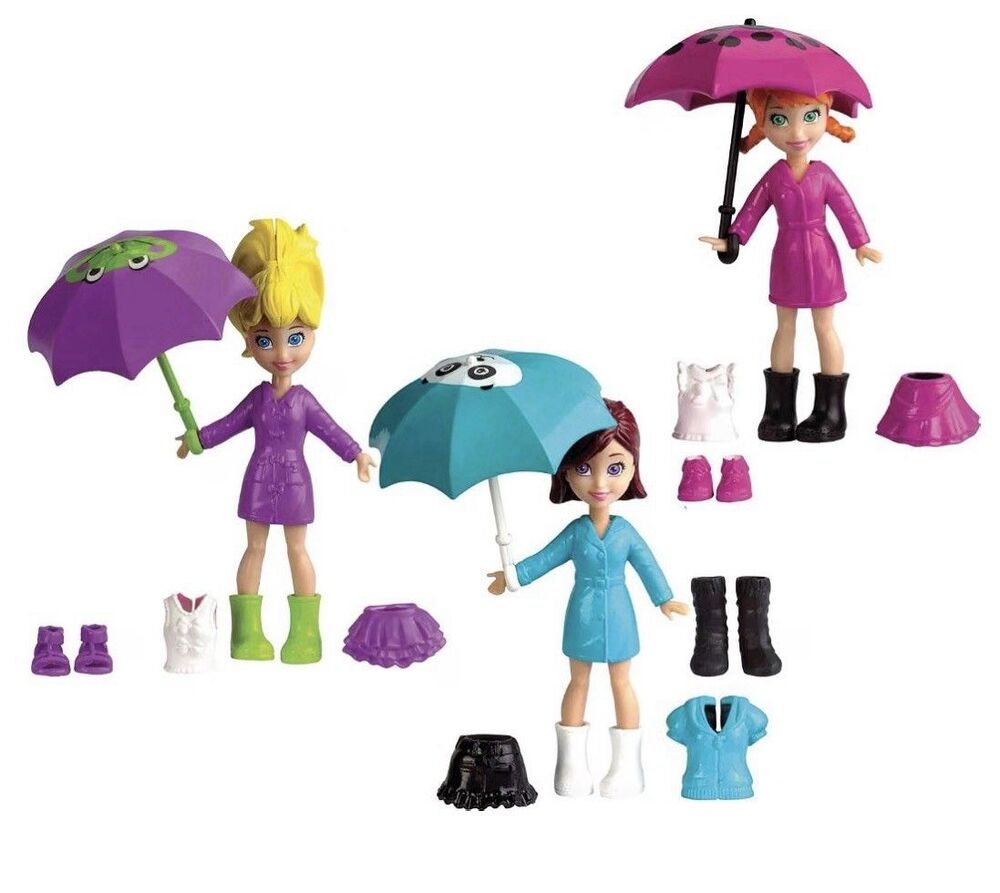 Polly Pocket Rainy Day Set 3 Dolls Polly Lila Lea Umbrella Boots Accessories New